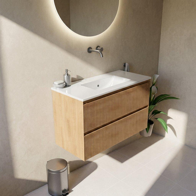 Saniclass Holz Atelier Ensemble meuble de salle de bains - 100x45x62cm - lavabo Vygo en céramique blanc - 1 vasque - sans trou de robinet - 2 tiroirs - chêne naturel mat (bois)