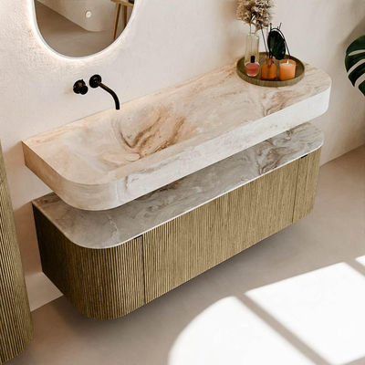 MONDIAZ THOR-DLUX 140cm meuble de salle de bains arrondi gauche + droite couleur Dusk avec 1 tiroir et 2 portes. Vasque suspendue CLOUD gauche sans trou de robinet couleur Frappe.