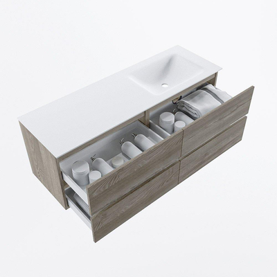 Mondiaz VICA ensemble de meuble de salle de bain - 140cm - meuble sous-vasque marron clair gris - 4 tiroirs - lavabo cloud droite - sans trous de robinet - version haute de 60cm - talc