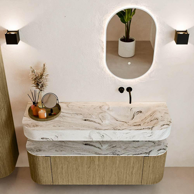 MONDIAZ THOR-DLUX 140cm meuble de salle de bains arrondi gauche + droite couleur Dusk avec 1 tiroir et 2 portes. Vasque suspendue CLOUD Droite sans trou de robinet couleur Glace.