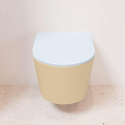 Mondiaz LAVIE hangtoilet – spoelrandloos – 36 x 53 cm – met softclose zitting – Sand (beige), zitting Clay (lichtblauw/grijs)