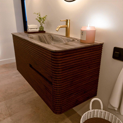 Mondiaz CIRO-DLUX Badkamermeubelset - 110x45x50cm - Solid surface wastafel Sombra - 1 wasbak Rechts - 1 kraangat - 2 lades - Ruby