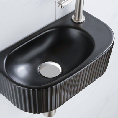 QeramiQ Fuente fonteinset – halfrond – 40x21.5x12 cm – kraangat rechts – kraan geborsteld RVS – geribbeld