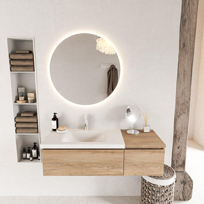 MONDIAZ BUKLA 120cm meuble de salle de bain avec module 40 couleur Chêne blanchi avec 2 tiroirs. Lavabo CLOUD à gauche 1 trou de robinet couleur Talc.