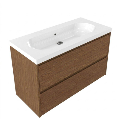 Saniclass Holz Pure Ensemble de meuble de salle de bains - 100x45x63.5cm - lavabo en céramique Palermo blanc - 1 vasque - sans trou de robinet - 2 tiroirs - walnut pure mat (bois)