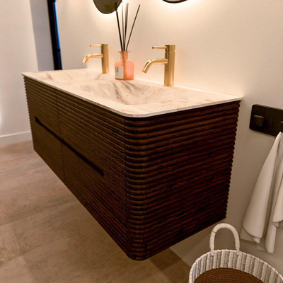 Mondiaz CIRO-DLUX Badkamermeubelset - 130x45x50cm - Solid surface wastafel Frappe - 2 wasbak Dubbel - 2 kraangaten - 4 lades - Walnut