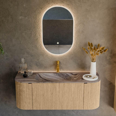 MONDIAZ KURVE-DLUX 120cm badmeubel ronding Links + Rechts kleur Oak met 1 lade en 2 deuren. Wastafel BIG SMALL Midden 1 kraangat Sombra.