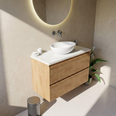 Saniclass Holz Atelier Ensemble meuble de salle de bains - 100x45x63cm - Plan vasque en marbre Dia poli (blanc) - sans trou de robinetterie - 2 tiroirs - chêne natural mat (bois)