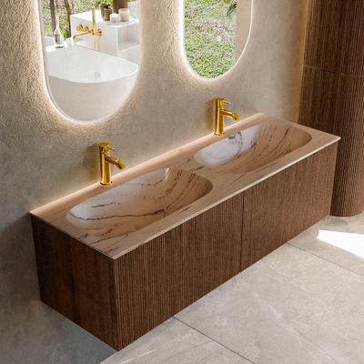 MONDIAZ KURVE-DLUX 140cm badmeubel kleur Walnut met 2 lades en 0 deuren. Wastafel STOR SMALL Dubbel 2 kraangaten Arena.