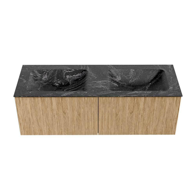 MONDIAZ KURVE-DLUX 130cm Meuble salle de bain - couleur Oak - 2 tiroirs - vasque LEAF double - sans trou de robinet - couleur Lava