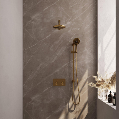 BRAUER Gold Edition Thermostatische Regendouche inbouw - drukknoppen - SET 67 - 20cm hoofddouche - rechte muurarm - 3 standen handdouche - doucheslang - geïntegreerde glijstang - goud geborsteld PVD