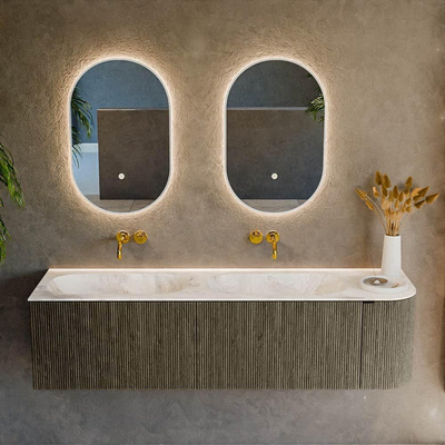 Ensemble de meuble de salle de bain Mondiaz KURVE-DLUX - 165x46x40cm - 2 tiroirs - 1 porte - lavabo en solid surface - double / gauche - sans trou de robinet - Shadow