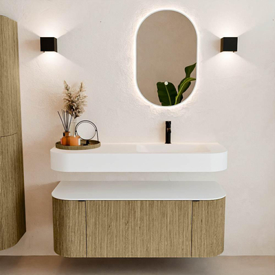 MONDIAZ THOR Meuble de salle de bains 120cm arrondi gauche + droite couleur Dusk avec 1 tiroir et 2 portes. Vasque suspendue CLOUD Droite 1 trou de robinet couleur Talc.