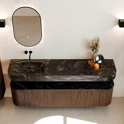 MONDIAZ THOR-DLUX 180cm meuble de salle de bains arrondi gauche + droite couleur Walnut avec 2 tiroirs et 2 portes. Vasque suspendue CLOUD Gauche sans trou de robinet couleur Lava.