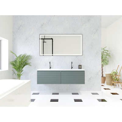 HR Matrix ensemble meuble de salle de bain 3d 140cm 2 tiroirs sans poignée avec bandeau de poignée couleur pétrole mat avec lavabo fin 2 trous de robinetterie blanc mat