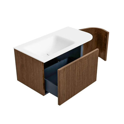 MONDIAZ KURVE 85cm Meuble salle de bain avec module 25 D - couleur Walnut - 1 tiroir - 1 porte - vasque CLOUD gauche - 1 trou de robinet - Talc