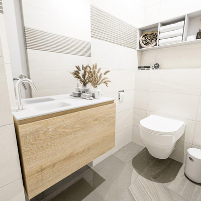 MONDIAZ OLAN Toiletmeubel 80x30x40cm met 1 kraangaten 1 lades washed oak mat Wastafel Lex links Solid Surface Wit