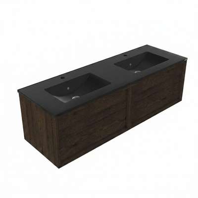 Saniclass Holz Frame Ensemble meuble de salle de bains - 140x45x42cm - lavabo Vygo en céramique noir - 2 vasques - 2 trous de robinetterie - 2 tiroirs - chêne charcoal mat (bois)