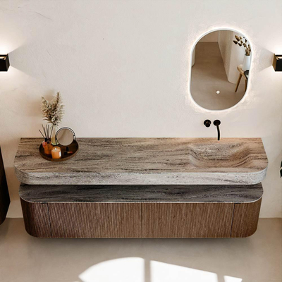 MONDIAZ THOR-DLUX 200cm badmeubel ronding links + rechts kleur Walnut met 2 lades en 2 deuren. Vrijhangende wastafel CLOUD Rechts zonder kraangat kleur Oza.