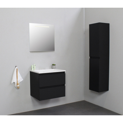 Basic Bella Meuble salle de bains avec lavabo acrylique Blanc 60x55x46cm sans trous de robinet avec miroir et éclairage Noir mat