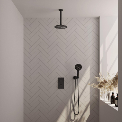 Brauer Black Edition Ensemble de douche pluie encastré - douche principale 20cm - bras plafond 20cm - 2 fonctions - incluant partie encastrable - douchette ronde 3 positions - noir mat