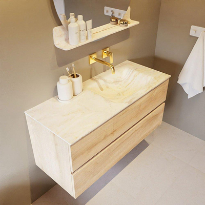 Mondiaz VICA-DLUX ensemble de meuble de salle de bain - 110cm - meuble sous-vasque chêne blanchi - 2 tiroirs - lavabo encastré cloud droite - sans trous de robinet - version haute de 60cm - ostra