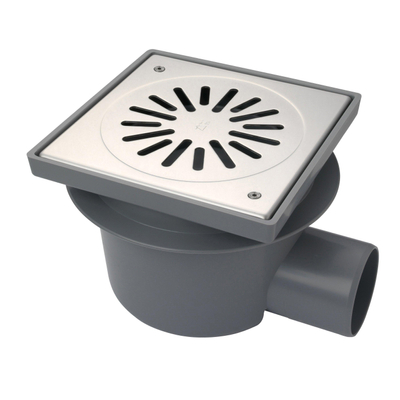 Aquaberg Siphon de sol ABS avec grille en inox vissée avec évacuation latérale Ø75mm non réglable 200x200mm avec seau PPC/clapet anti-odeurs garde d'eau 60mm