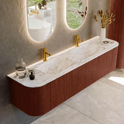 Mondiaz KURVE-DLUX Ensemble de meuble de salle de bains - 180x46x40cm - 2 tiroirs - 2 portes - lavabo solid surface - double - 2 trous de robinet - Ruby