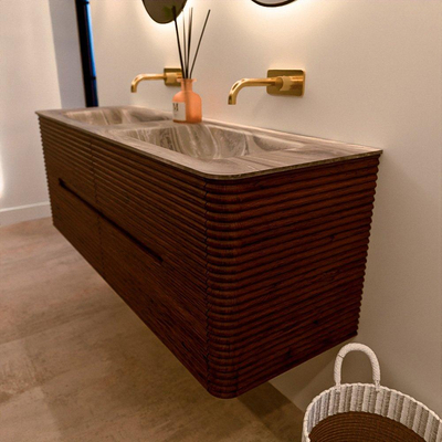 Mondiaz CIRO-DLUX Meuble de salle de bains - 140x45x50cm - Plan-vasque solid surface Sombra - 2 vasques double - sans trous de robinetterie - 4 tiroirs - Ruby