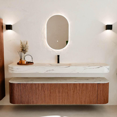 MONDIAZ THOR-DLUX Meuble de salle de bains 190cm arrondi gauche + droite couleur Ruby avec 2 tiroirs et 2 portes. Vasque suspendue CLOUD Milieu 1 trou de robinet couleur Nata.