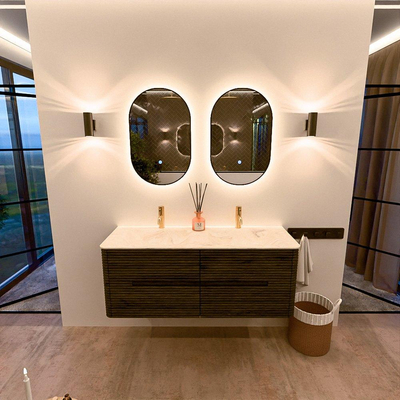 Mondiaz CIRO-DLUX Badkamermeubelset - 130x45x50cm - Solid surface wastafel Ostra - 2 wasbak Dubbel - 2 kraangaten - 4 lades - Shadow