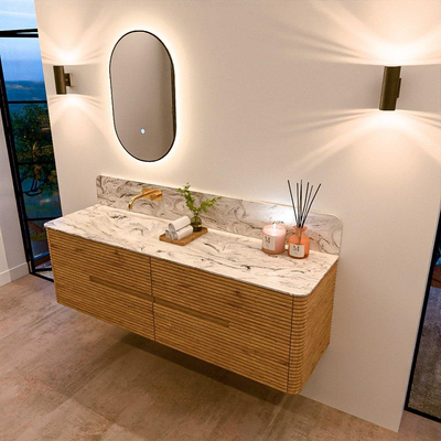 Mondiaz CIRO-DLUX Meuble de salle de bains - 160x45x50cm - Vasque solid surface Glace - 1 lavabo à gauche - sans trous de robinet - 4 tiroirs - Chêne