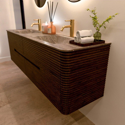 Mondiaz CIRO-DLUX Badkamermeubelset - 170x45x50cm - Solid surface wastafel Oza - 2 wasbak Dubbel - 2 kraangaten - 4 lades - Walnut