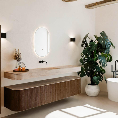 MONDIAZ THOR-DLUX 200cm meuble de salle de bains arrondi gauche + droite couleur Walnut avec 2 tiroirs et 2 portes. Vasque suspendue CLOUD Milieu sans trou de robinet couleur Saba.