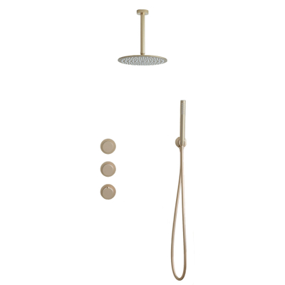 Fortifura Nebbio Regendoucheset - inbouwkraan - inbouwdeel - wandaansluitbocht - doucheslang glad - staafhanddouche - 20cm plafondarm - ronde hoofddouche - PVD - geborsteld messing (goud)
