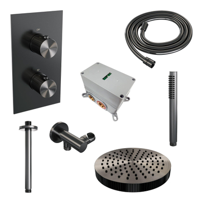 BRAUER Stripe Thermostatische Inbouw Regendouche - 3-weg - rechthoekig - SET 15 - 25cm douchekop - plafondarm - staaf handdouche - doucheslang - wandaansluitbocht - gunmetal geborsteld PVD