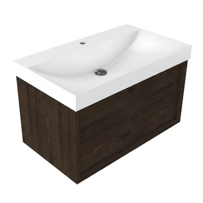Saniclass Holz Frame Ensemble meuble de salle de bains - 80x45x47.5cm - lavabo Wave en céramique - 1 vasque - 1 trou de robinetterie - 1 tiroir - chêne charcoal mat (bois)