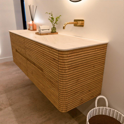 Mondiaz CIRO-DLUX Ensemble de meubles de salle de bains - 150x45x50cm - Plan vasque solid surface Meli - 1 vasque à droite - sans trous de robinet - 4 tiroirs - Chêne