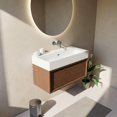 Saniclass Holz Frame Ensemble meuble de salle de bains - 100x45x52cm - Legend lavabo en céramique blanc - 1 vasque - sans trou de robinetterie - 1 tiroir - walnut pure mat (bois)