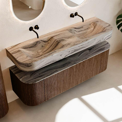 MONDIAZ THOR-DLUX 150cm badmeubel ronding links + rechts kleur Walnut met 1 lade en 2 deuren. Vrijhangende wastafel CLOUD Dubbel zonder kraangat kleur Sombra.