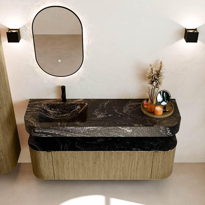 MONDIAZ THOR-DLUX 150cm meuble de salle de bains arrondi gauche + droite couleur Dusk avec 1 tiroir et 2 portes. Vasque suspendue CLOUD Gauche 1 trou de robinet couleur Lava.