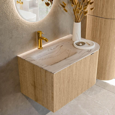 MONDIAZ KURVE-DLUX Meuble de salle de bains 75cm arrondi à droite couleur Oak avec 1 tiroir et 1 porte. Lavabo GRUNNE à gauche 1 trou de robinet Nata.