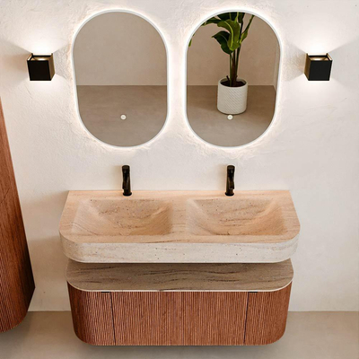 MONDIAZ THOR-DLUX 120cm meuble de salle de bains arrondi gauche + droite couleur Ruby avec 1 tiroir et 2 portes. Vasque suspendue CLOUD Double 2 trous de robinet couleur Saba.