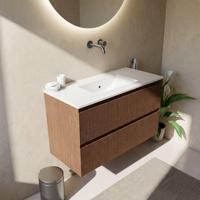 Saniclass Holz Atelier Ensemble meuble de salle de bains - 100x45x62cm - Vygo lavabo en céramique blanc - 1 vasque - sans trou de robinet - 2 tiroirs - mat walnut pure (bois)