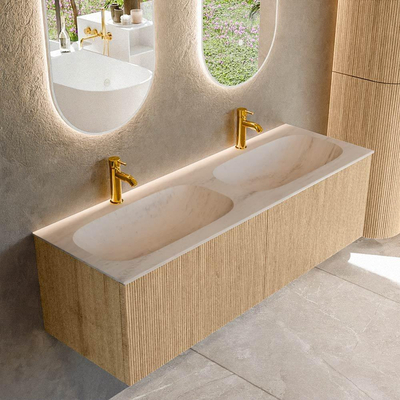 MONDIAZ KURVE-DLUX Meuble de salle de bains 140 cm couleur Oak avec 2 tiroirs et 0 porte. Lavabo STOR SMALL Double 2 trous de robinet Meli.
