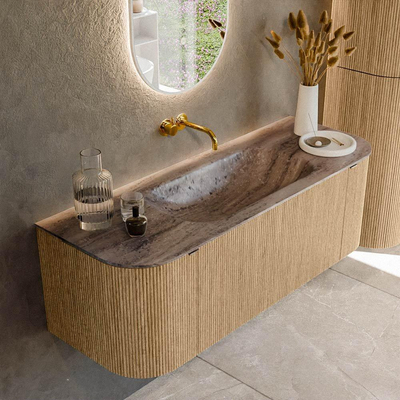 MONDIAZ KURVE-DLUX 130cm badmeubel ronding Links + Rechts kleur Oak met 1 lade en 2 deuren. Wastafel BIG SMALL Midden zonder kraangat Oza.