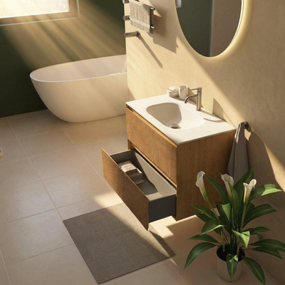 Saniclass Holz Atelier Ensemble de meubles de salle de bains - 80x45x61.5cm - Flow lavabo en solid surface blanc - 1 vasque - 1 trou de robinetterie - 2 tiroirs - chêne natural mat (bois)