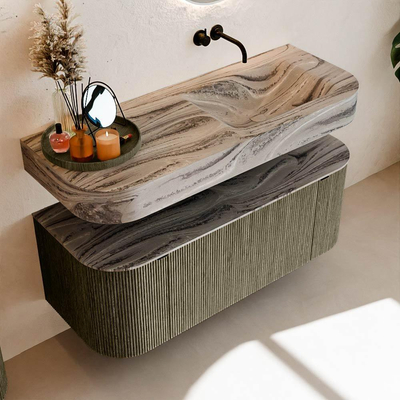 MONDIAZ THOR-DLUX 120cm meuble de salle de bains arrondi gauche + droite couleur Shadow avec 1 tiroir et 2 portes. Vasque suspendue CLOUD Droite sans trou de robinet couleur Sombra.