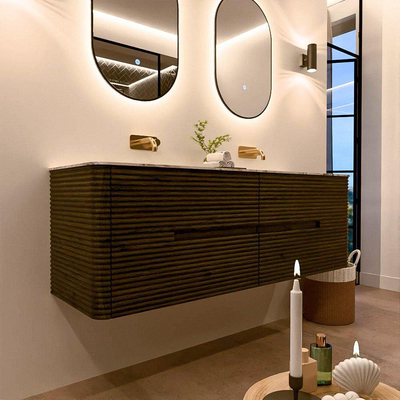 Mondiaz CIRO-DLUX Badkamermeubelset - 150x45x50cm - Solid surface wastafel Meli - 2 wasbak Dubbel - zonder kraangaten - 4 lades - Shadow