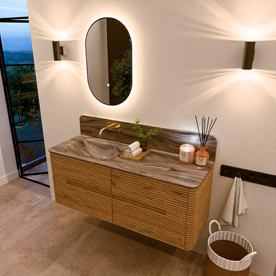 Mondiaz CIRO-DLUX Ensemble de meubles de salle de bains - 130x45x50cm - Plan vasque Solid surface Sombra - 1 bassin à gauche - sans trous de robinet - 4 tiroirs - Chêne